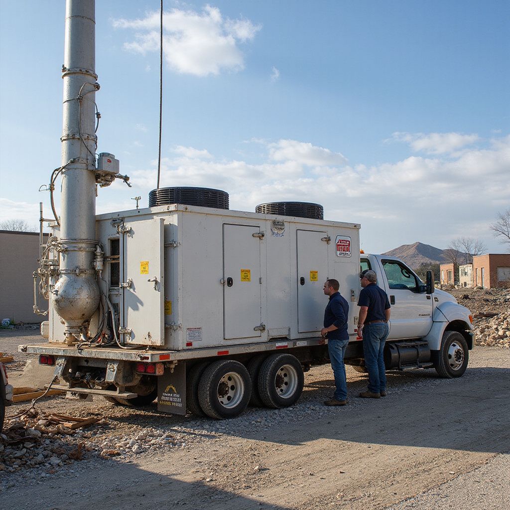 Two men beside a truck-mounted industrial unit with a tall exhaust stack, in a rural outdoor setting.