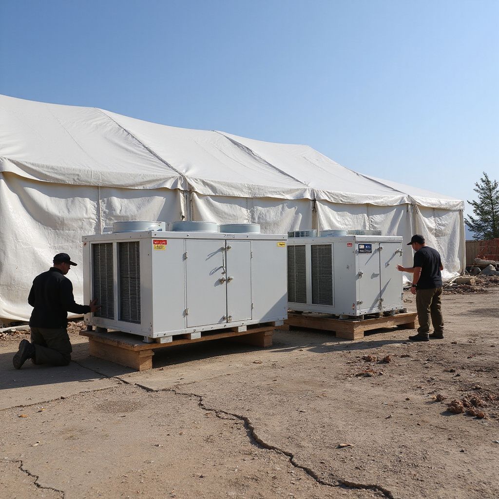 Two HVAC units on pallets, set up in front of a white tent, two workers inspect them outdoors.
