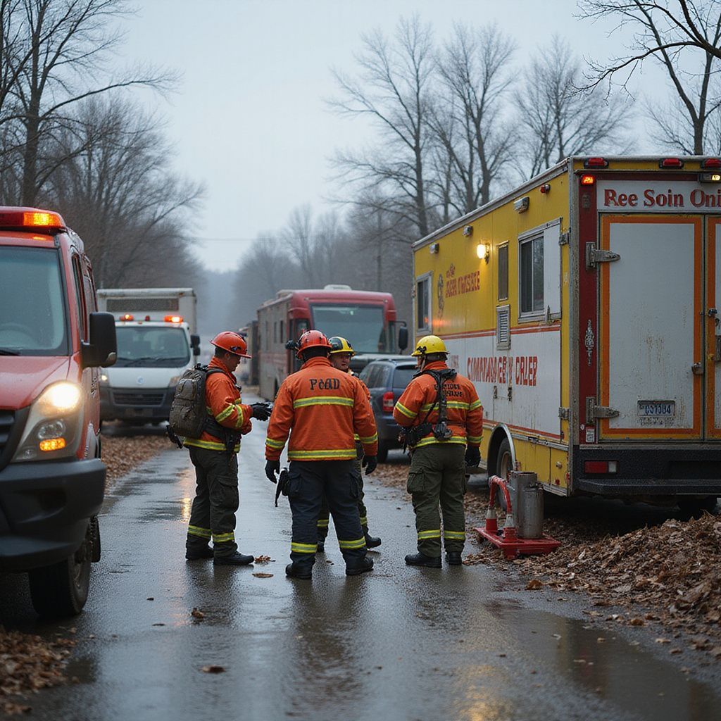 Emergency responders at a scene with vehicles and gear on a wet, leaf-covered road.