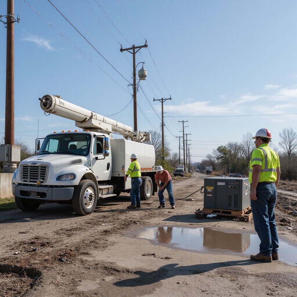 Utility workers near a power truck, on a muddy road, setting up equipment under power lines.