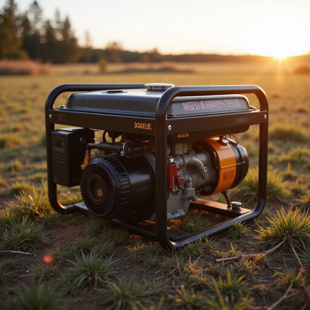 Black and orange generator on grassy field with setting sun in background.
