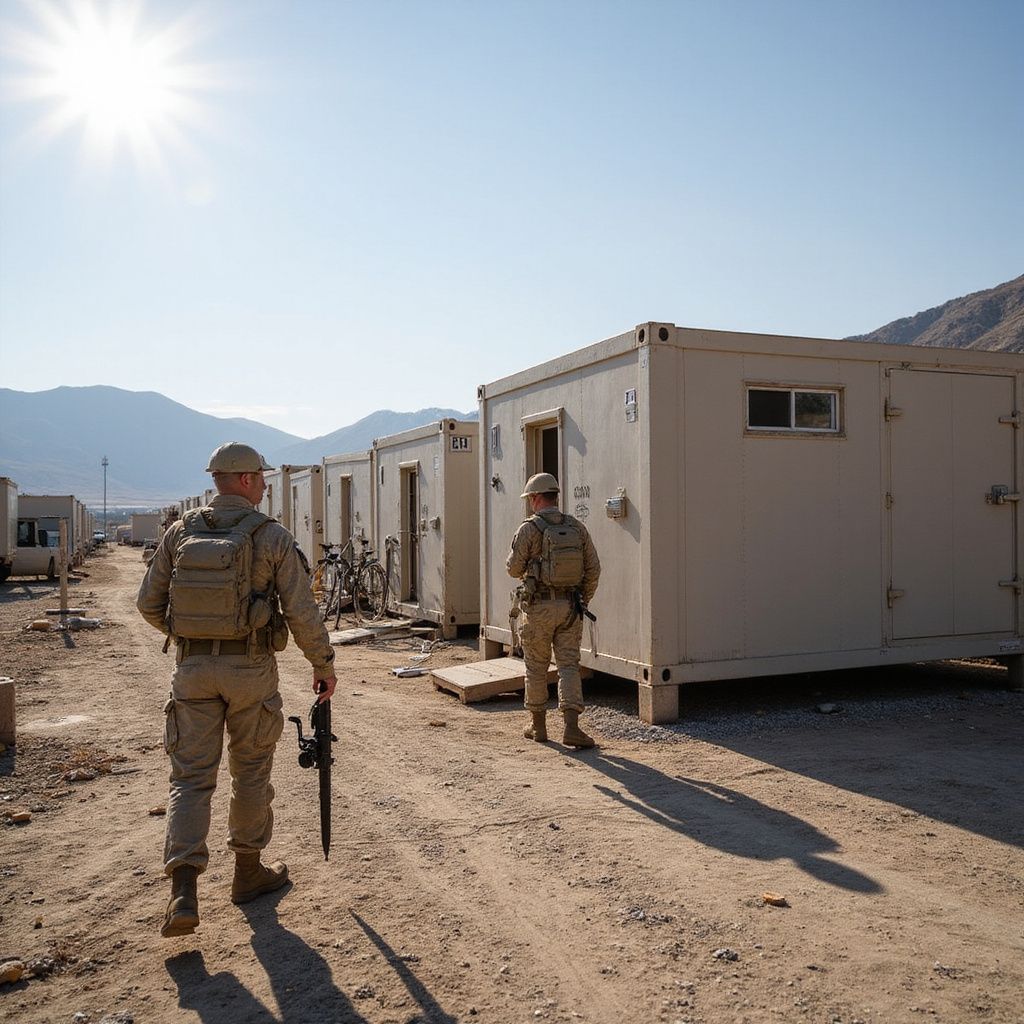 Two soldiers walk by beige buildings in a desert setting with a bright sun.