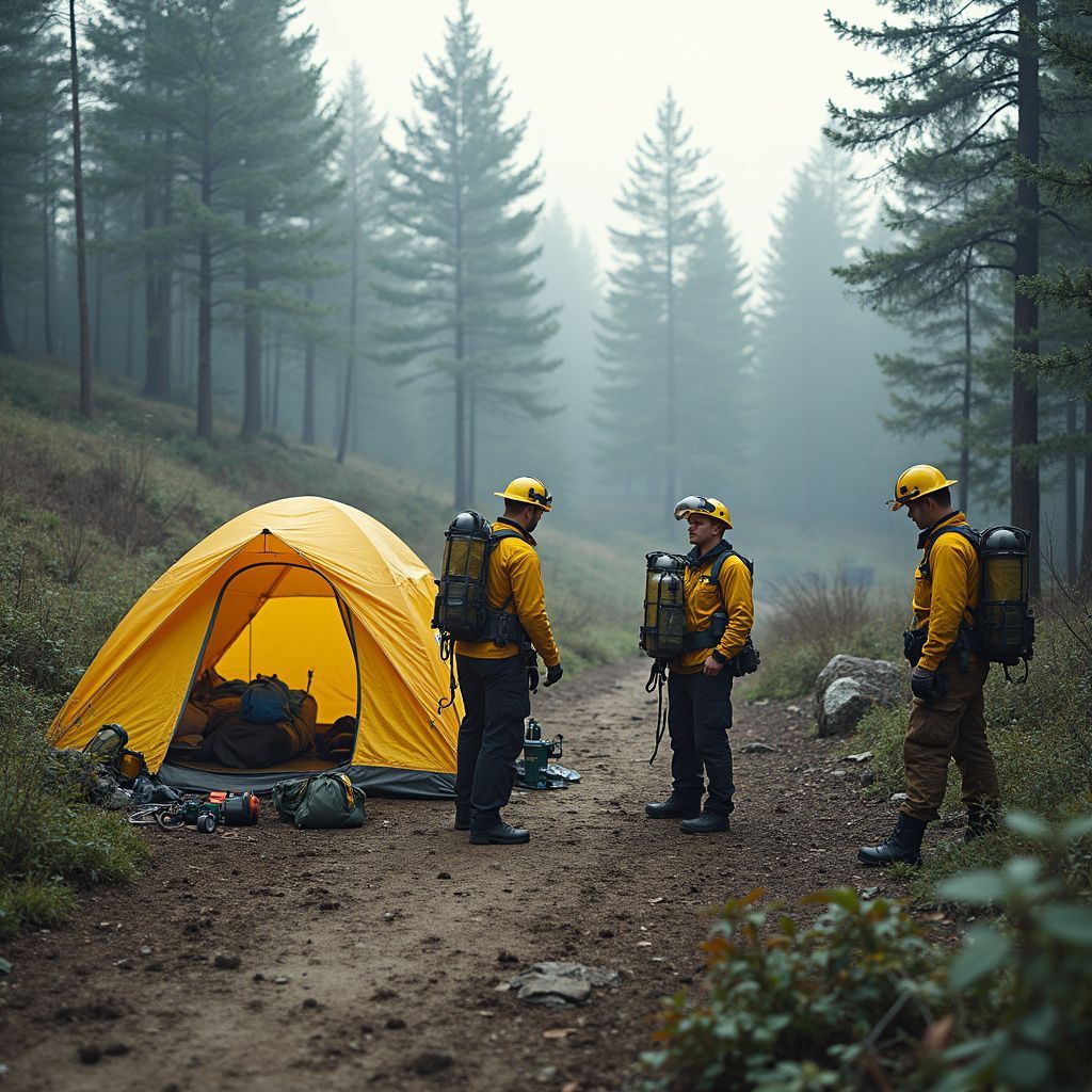 Three people in yellow gear standing near a tent in a misty forest.