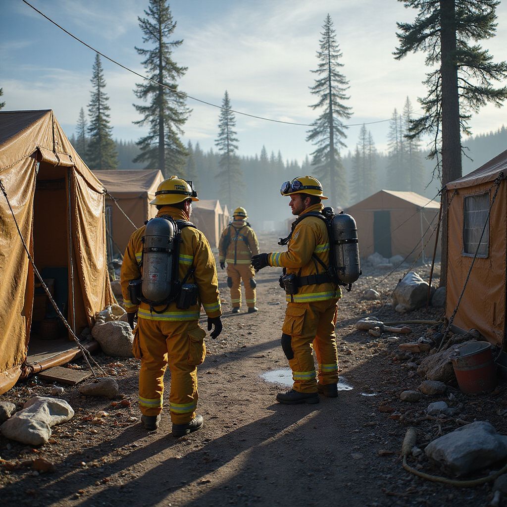 Firefighters in yellow gear near tents in a forest, discussing a task.