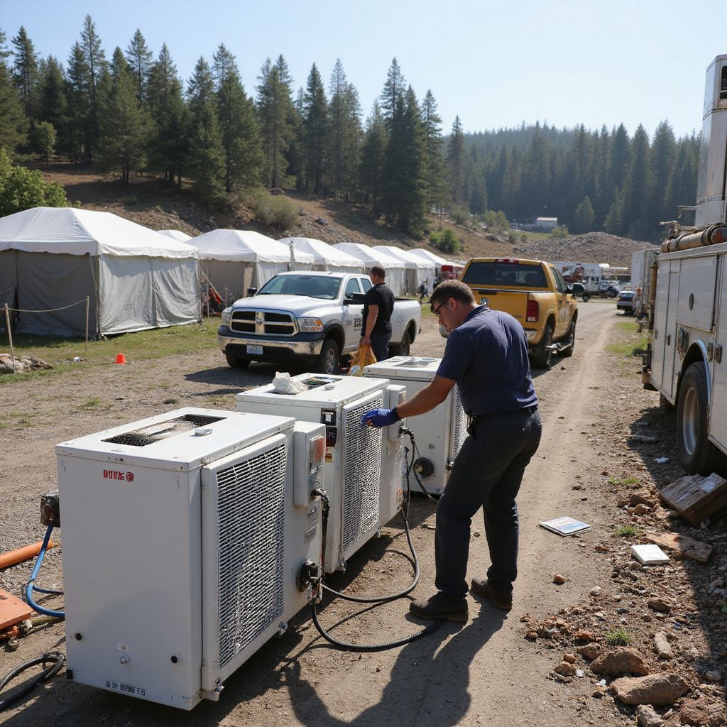 Man in blue shirt works on white industrial AC units near tents and trucks in a mountainous area.
