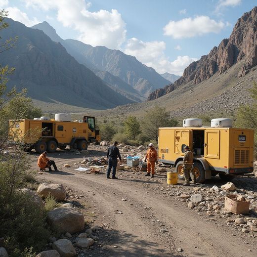 Yellow vehicles and people in a mountain valley. Roadside work with rocky terrain and mountains.
