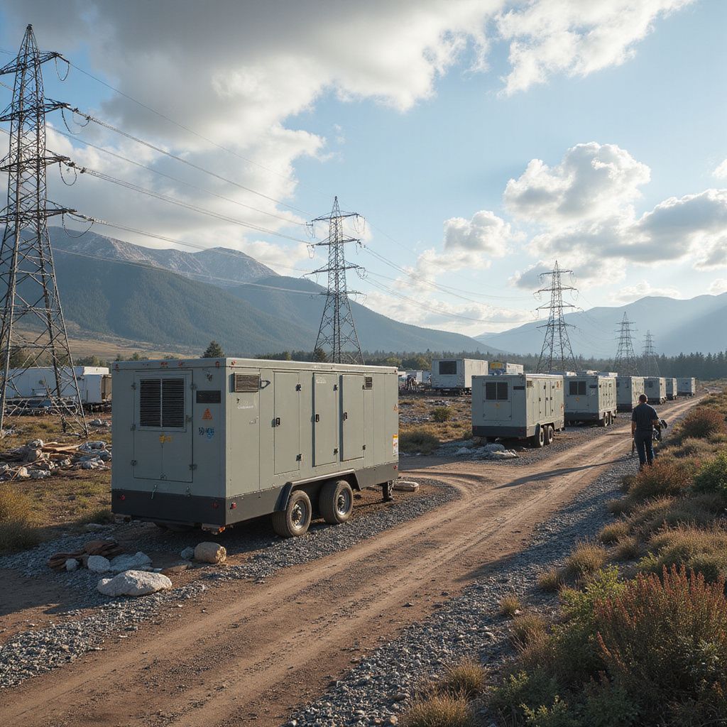 Row of portable generators on a dirt road, under power lines and mountains. Man walks. Sunny day.