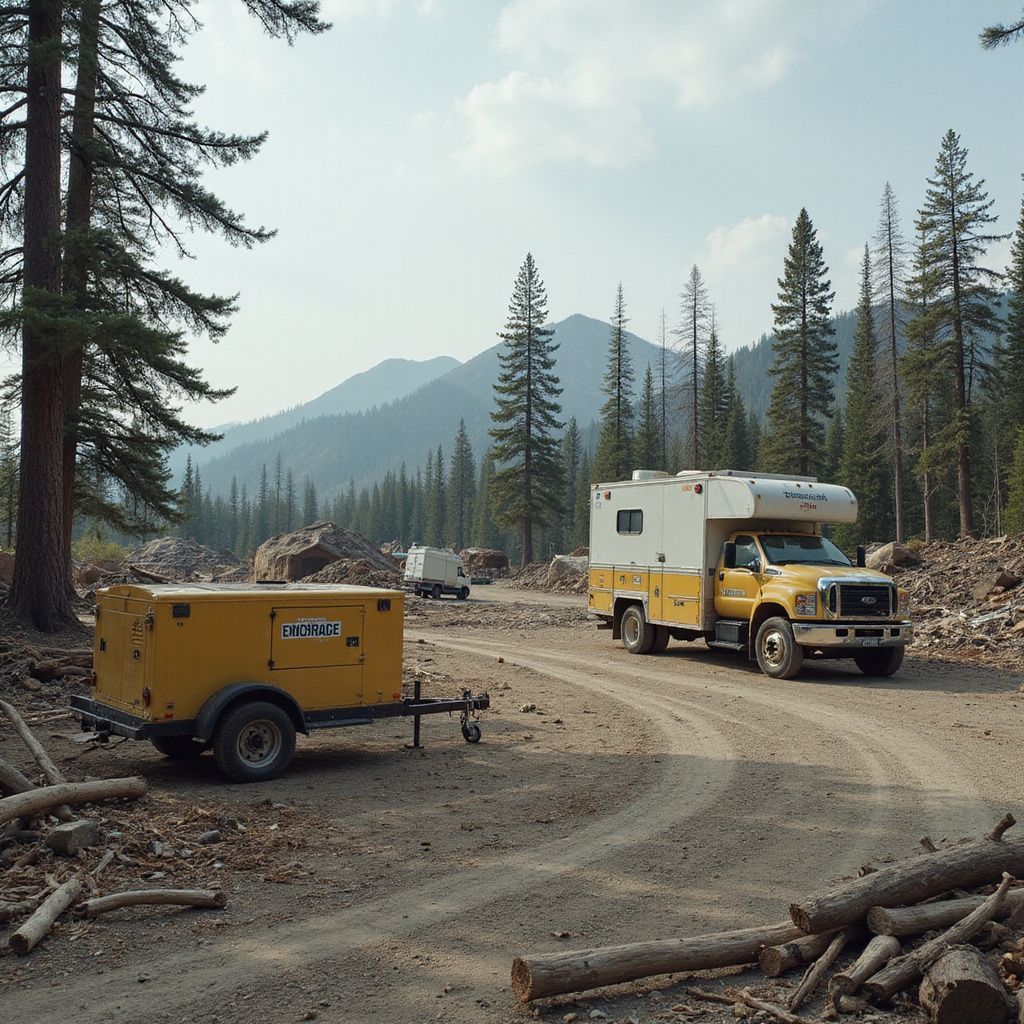 Yellow truck with camper shell on a dirt road in a forest, pulling a yellow trailer. Mountains in the background.