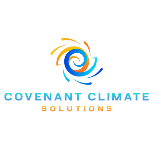 Logo for Covenant Climate Solutions: Swirling blue, orange, and yellow design above the words 