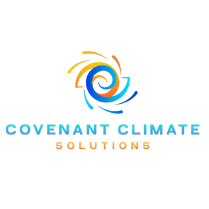 Logo for Covenant Climate Solutions: Swirling blue, orange, and yellow design above the words 