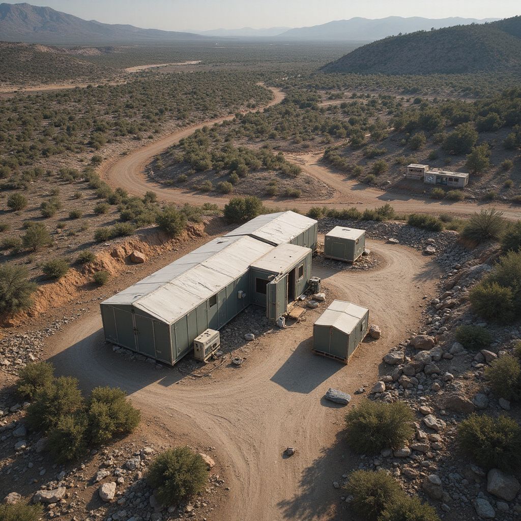 Aerial view: a cluster of metal buildings and trailers on a dirt road in a desert landscape with mountains in the distance.