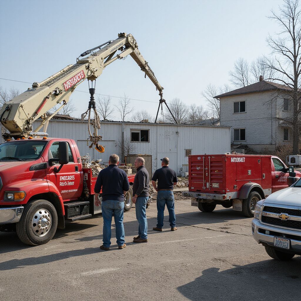 Demolition site with crane lifting debris, three workers watching, red trucks, and a building.