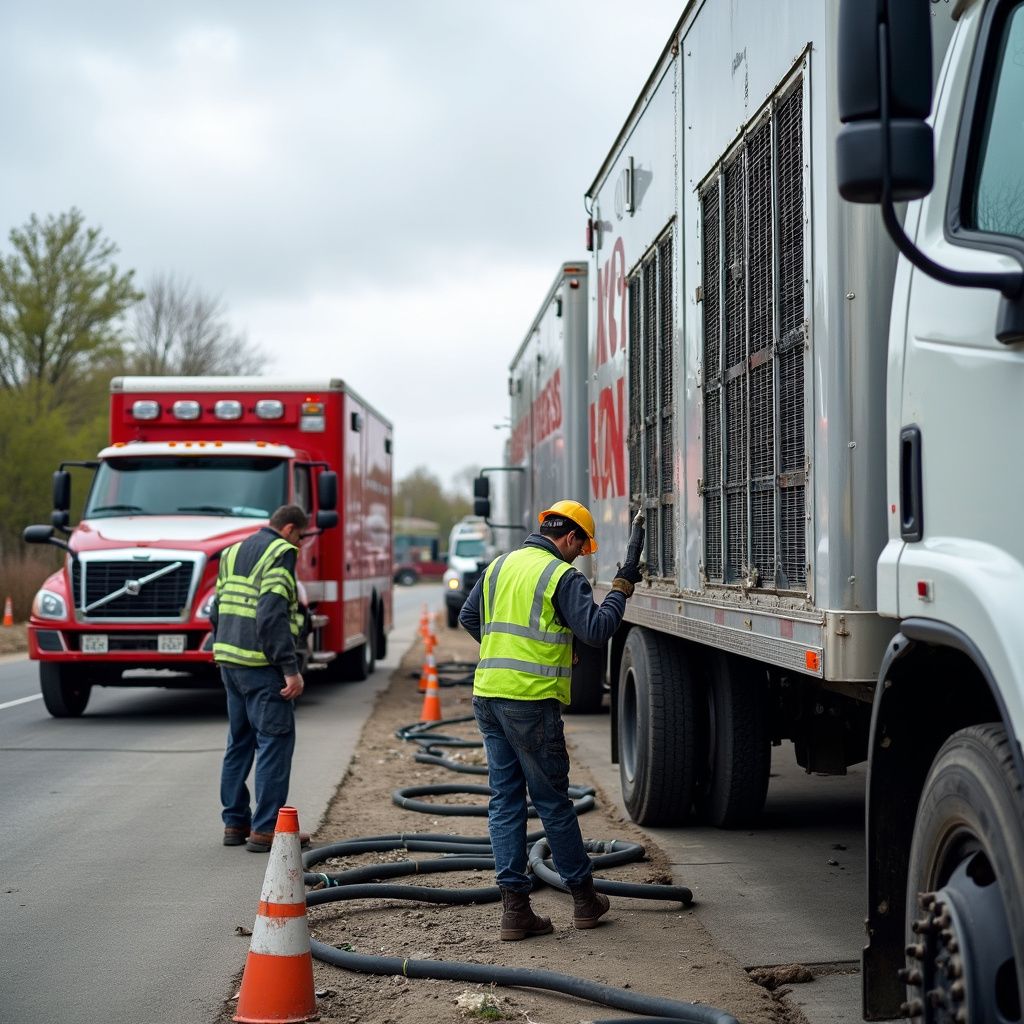 Workers in safety vests near trucks and an ambulance on a roadside, handling equipment.
