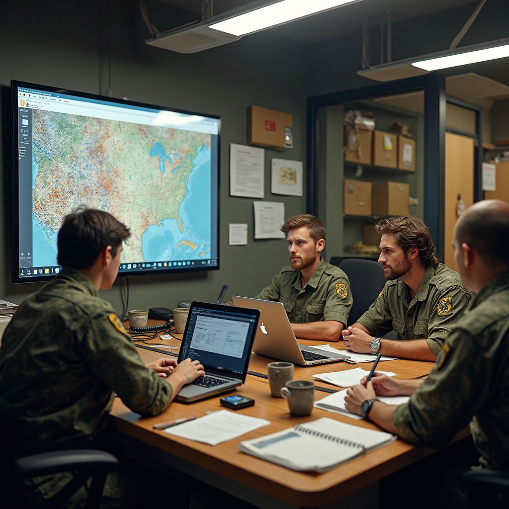 Four people in green uniforms sit around a table, analyzing maps and data on a screen.