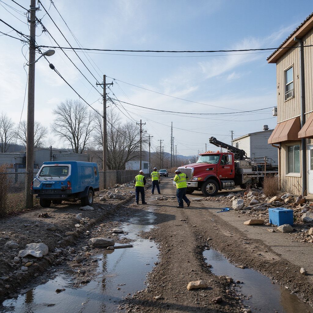 Workers in safety vests near utility trucks and damaged road.