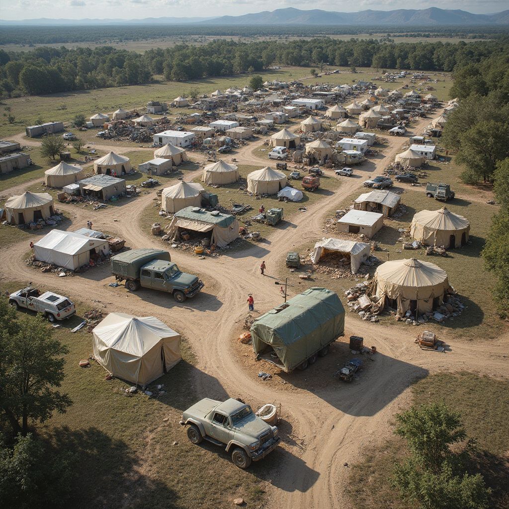 Aerial view of a military camp with tents, vehicles, and dirt roads in a rural setting.