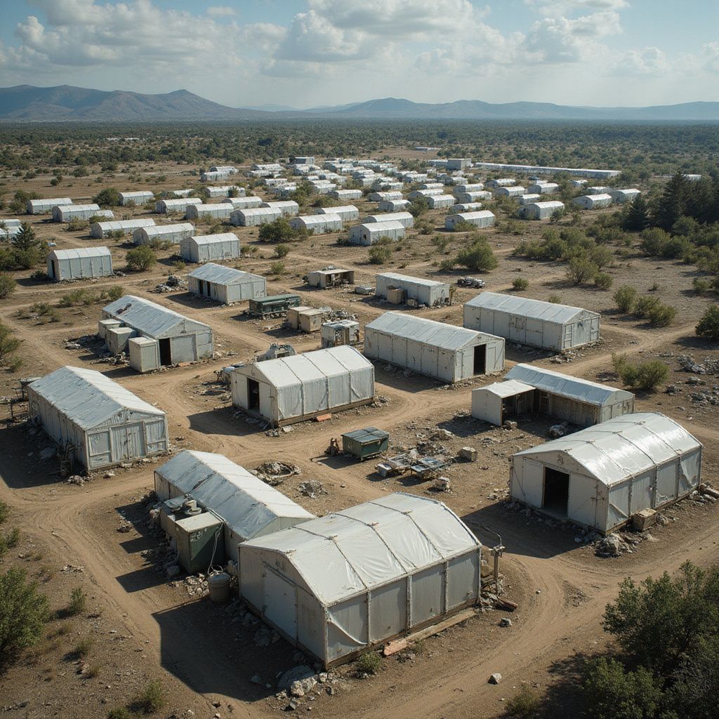 Aerial view of a settlement of white tents and buildings in a dry, desert-like landscape with sparse vegetation.