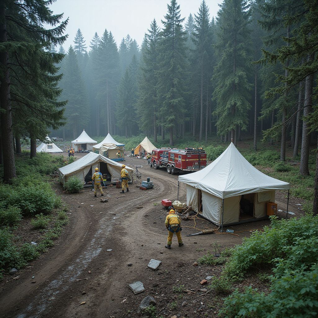 Firefighters and tents in a forest setting; fire trucks are parked nearby.