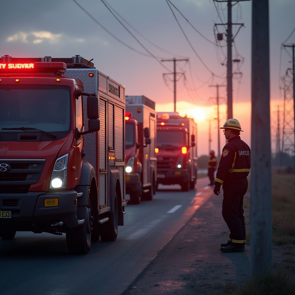 Fire trucks parked on a road at sunset, with firefighters in uniform.
