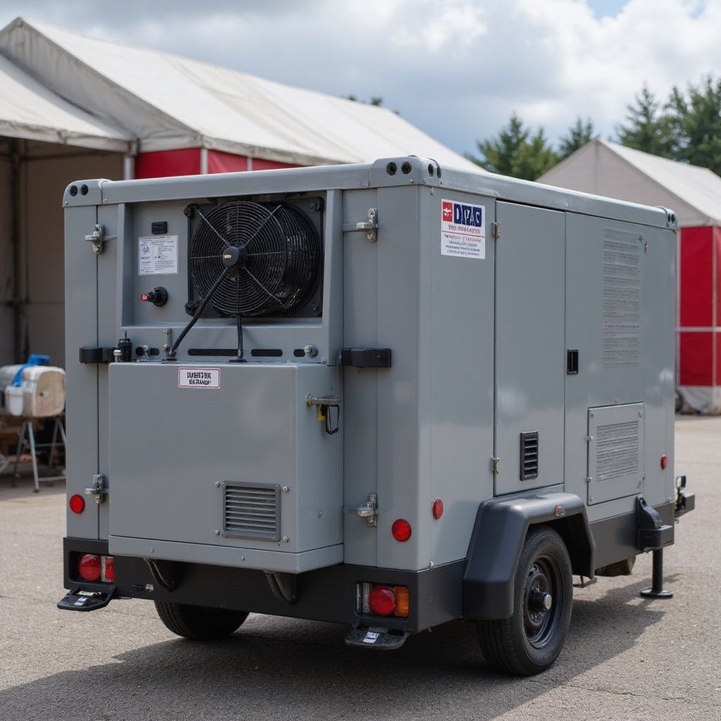 Gray generator on a trailer, parked outside. A large fan is visible on the rear.
