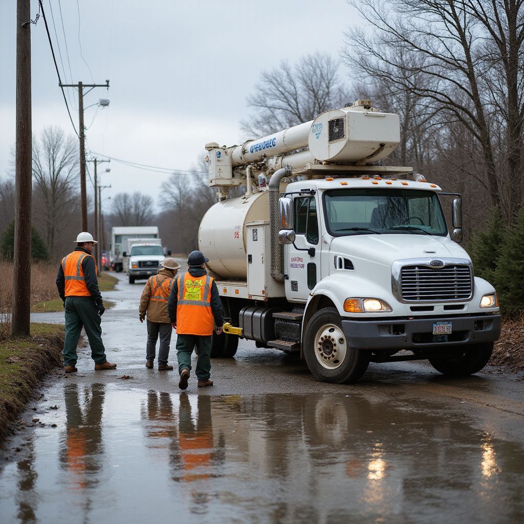 Workers near a white tanker truck on a wet road, possibly repairing utilities.