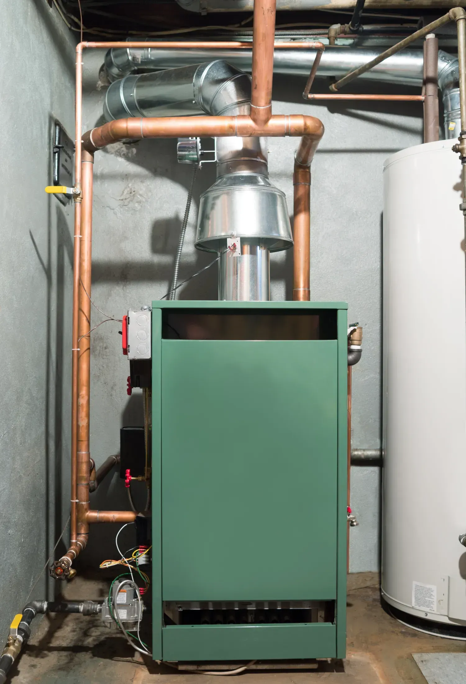 A green boiler is sitting in a basement next to a water heater.