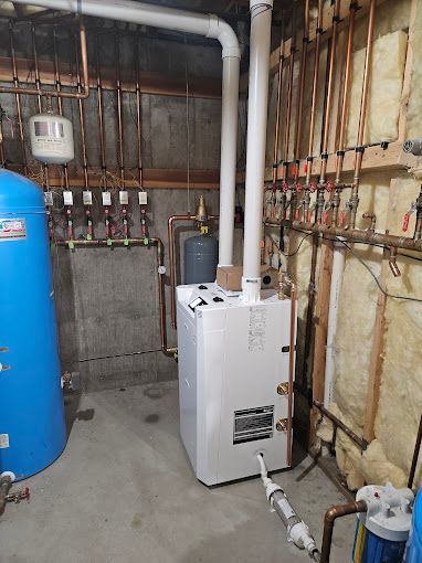 A white boiler is sitting in a basement next to a blue tank.