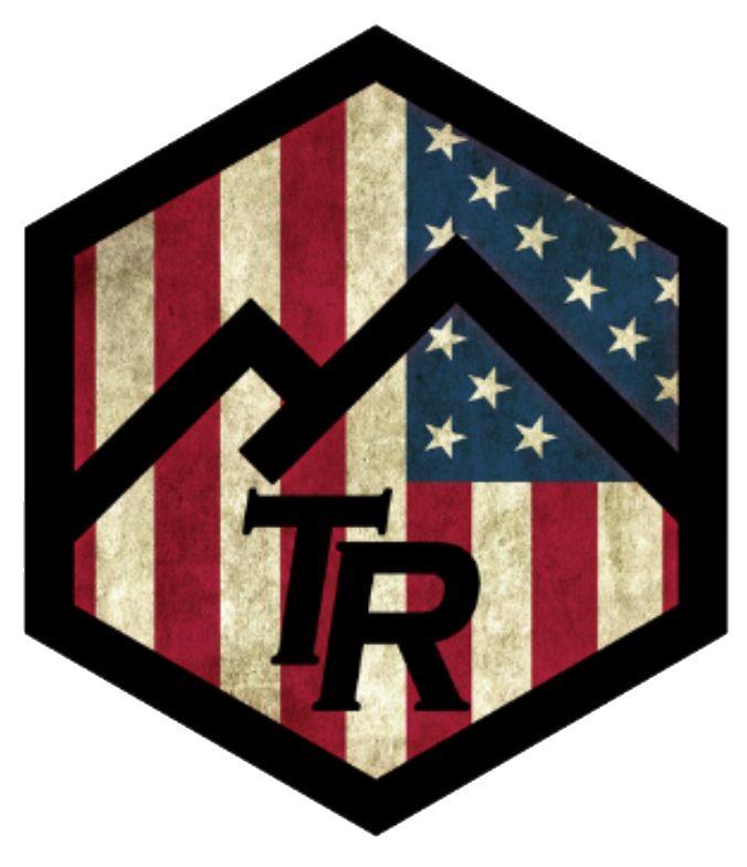 A logo for tr with an american flag in the background