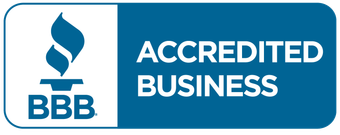 The BBB logo is blue and white and says accredited business.