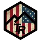 A logo with an american flag and a mountain in the middle.