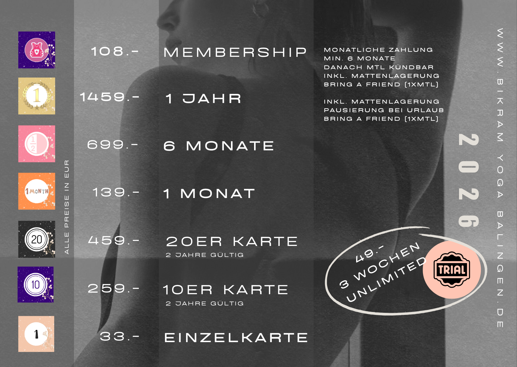 Preisliste Bikram Yoga Balingen 2026
