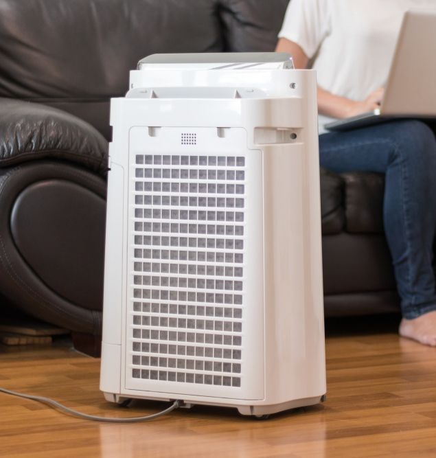 A Woman is Sitting on a Couch With a Laptop and an Air Purifier — Airac Sales & Services in Berserker, QLD