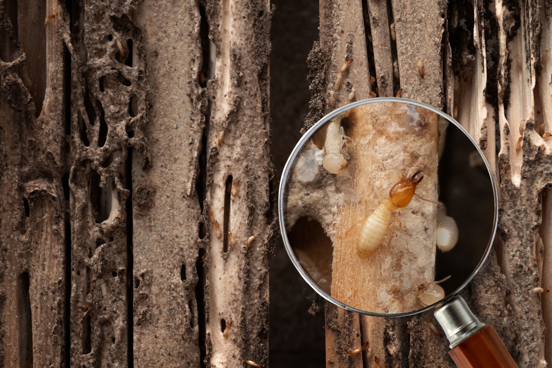 A magnifying glass showing termites on damaged wooden surface with visible tunnels.