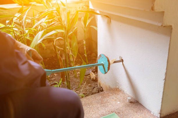 Exterminator is using a termite sprayer at a customer's house.