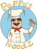 Cartoon chef logo holding noodles, with “Pappa’s Noodz” text on a white background