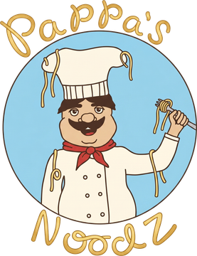 Cartoon chef logo holding noodles, with “Pappa’s Noodz” text on a white background