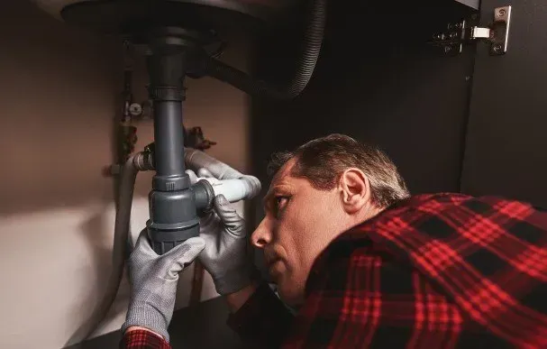 A man is fixing a sink pipe in a kitchen.