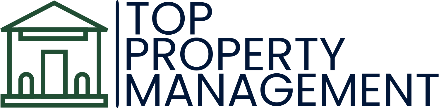 The logo for top property management shows a house and a building.