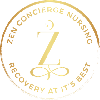 Gold circular ZEN Concierge Nursing logo with the words &ldquo;Recovery at it&rsquo;s Best&rdquo;