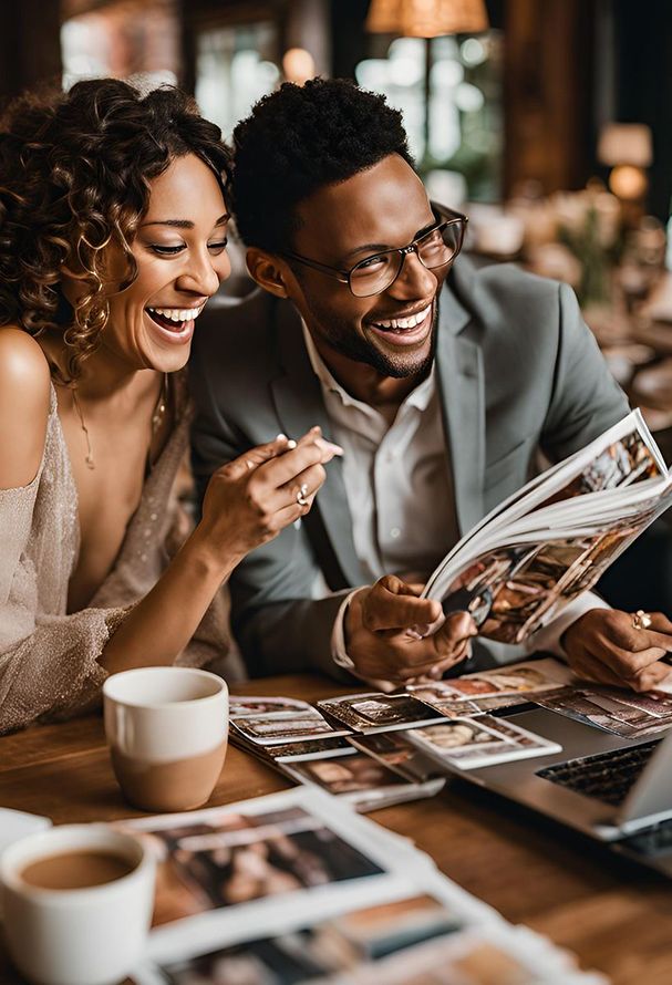 A bride and groom are sitting at a table looking at a magazine by Wedding Planner Nashville