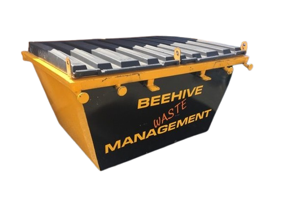 A Yellow and Black Dumpster That Says Beehive Waste Management — Beehive Property Maintenance in Dysart, QLD