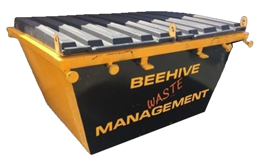 A Yellow and Black Dumpster With the Words Beehive Waste — Beehive Property Maintenance in Emerald, QLD