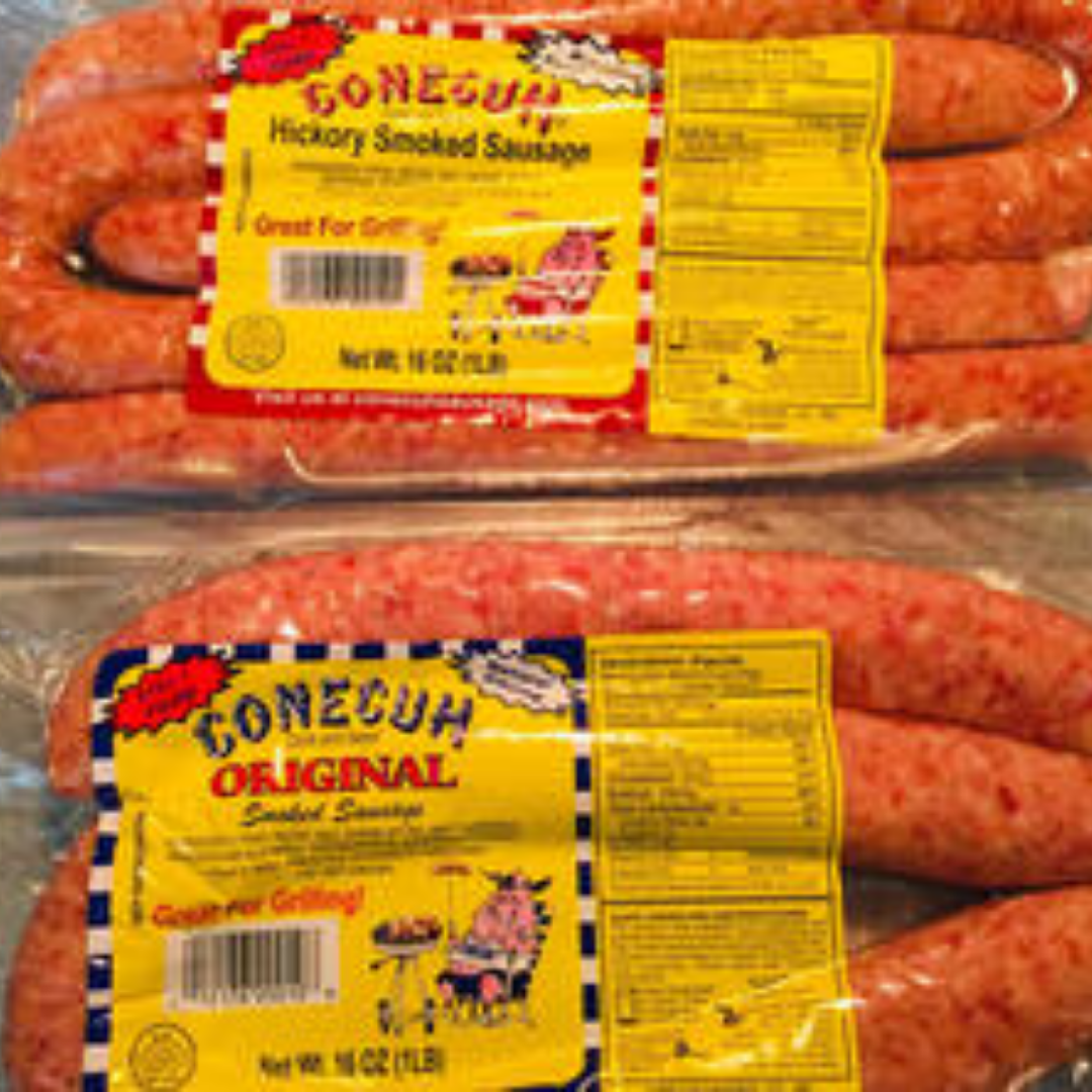 Two bags of gonecuh original hickory smoked sausage