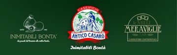 Logos of three food brands on a green background: Inimitabili Bontà, Antico Casaro, and Le Meraviglie.
