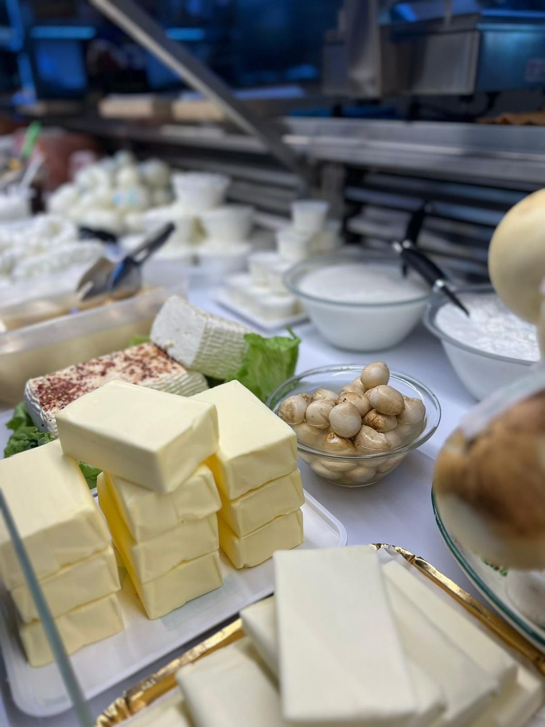 Esposizione di prodotti caseari, tra cui burro, formaggio e yogurt, in un negozio.