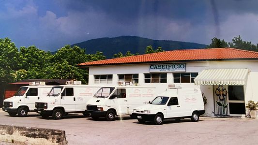 Quattro furgoni bianchi per le consegne parcheggiati fuori da un edificio con un cartello: "Carneificio". Sullo sfondo una montagna.