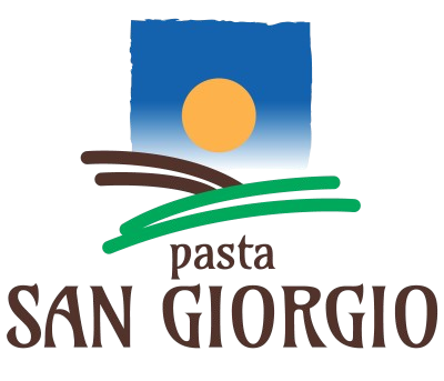 Logo per la pasta San Giorgio: cielo azzurro, sole giallo, linee marroni e verdi, nome del marchio.