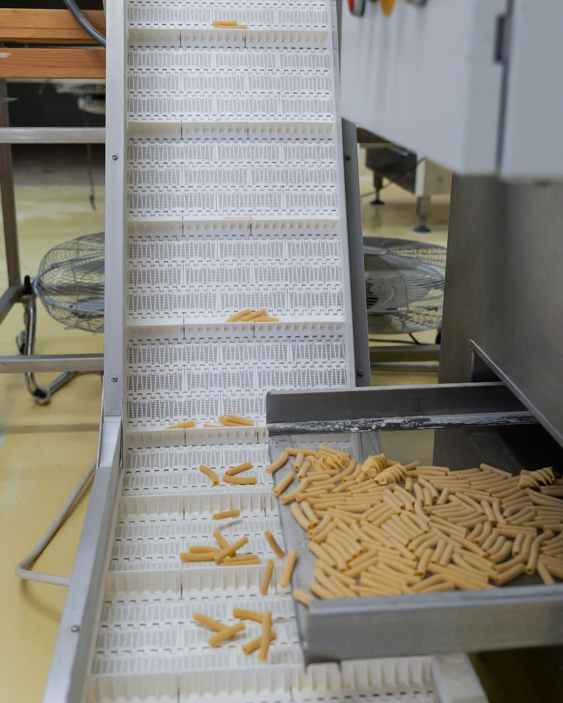 Sistema di nastri trasportatori che spostano la pasta in un vassoio metallico in un ambiente di fabbrica.