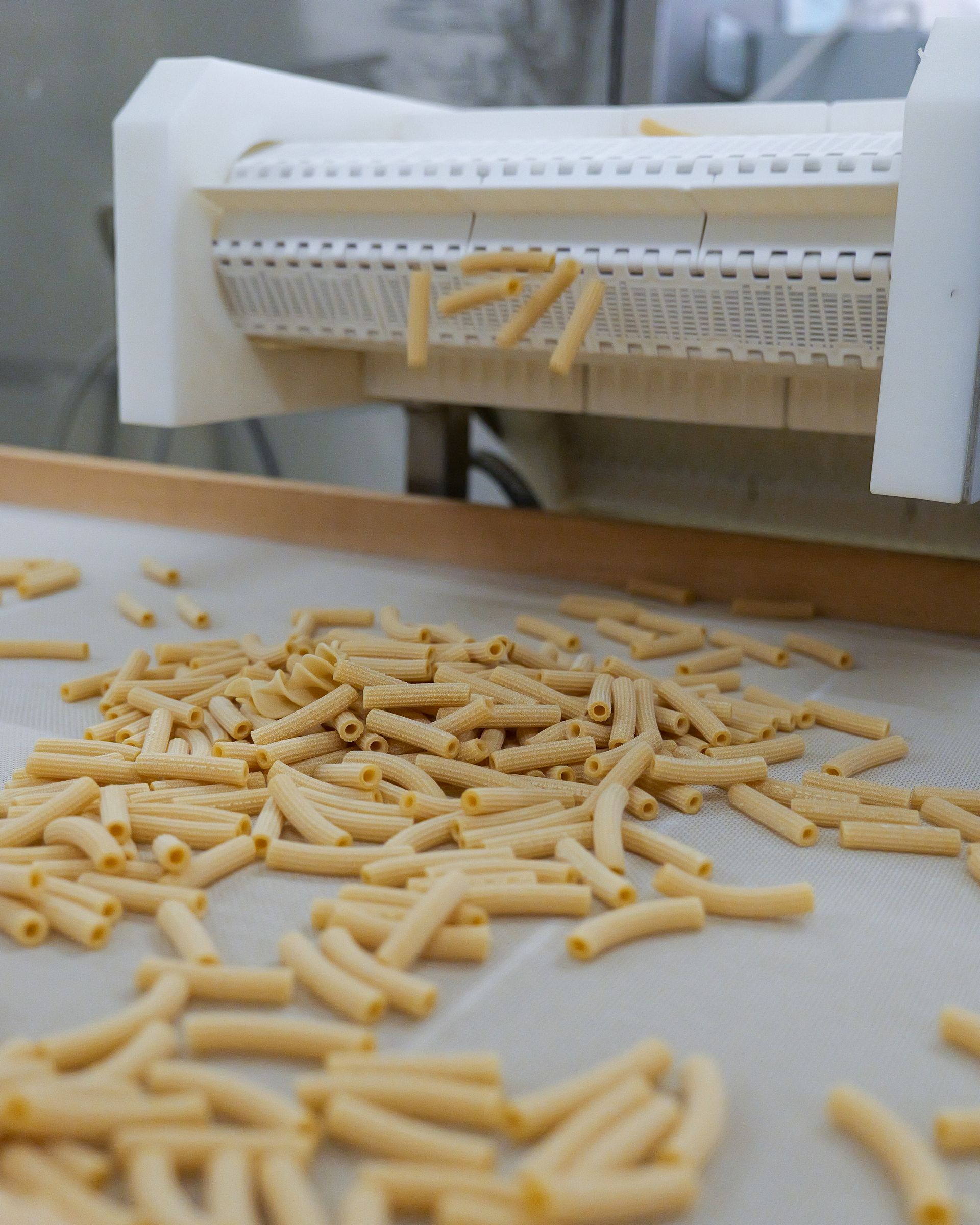 Pasta che cade da un nastro trasportatore su una superficie bianca.