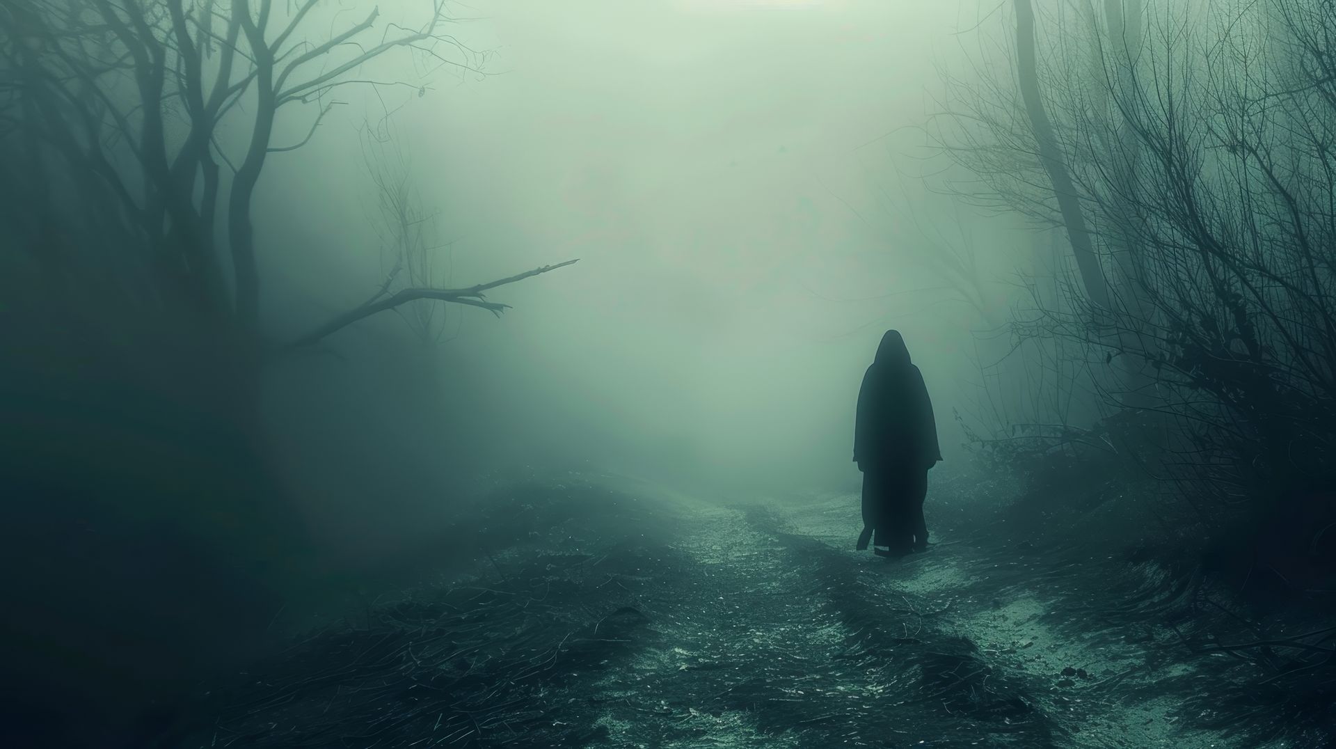 A silhouette of a person walking down a path in the fog.